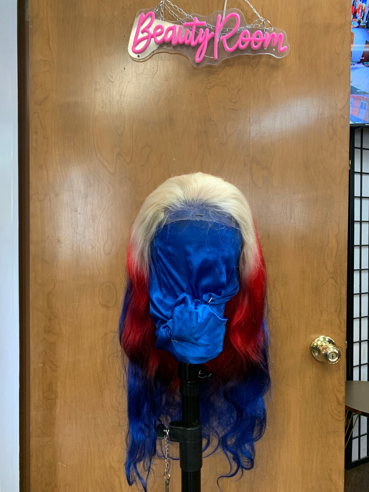 Blonde/red/blue 5x5 HD 26 inch wig