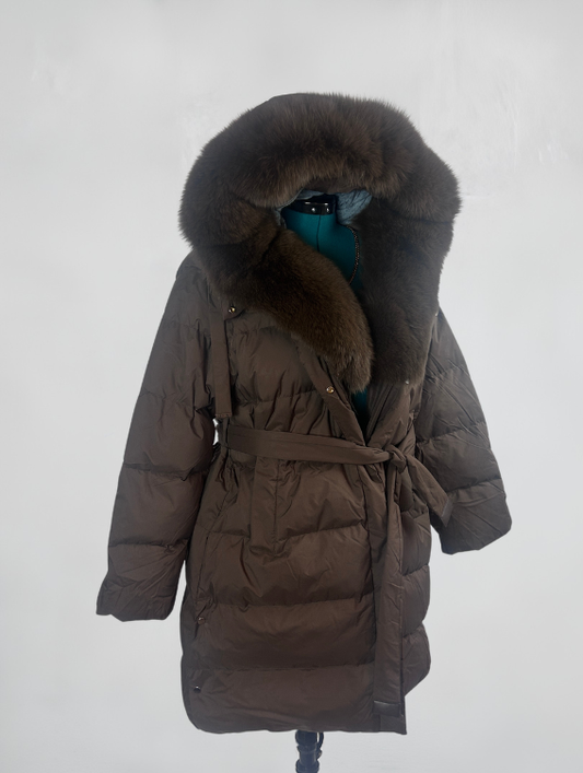 BELTED PUFFER C0AT WITH FUR HOOD