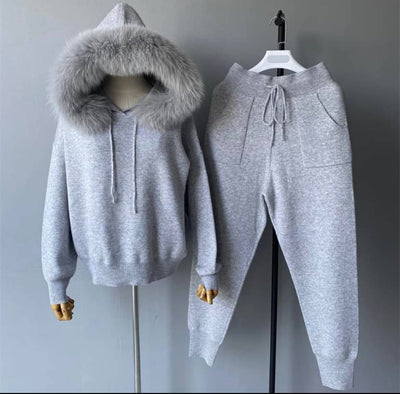 Fox Fur Hoodie, Knitted Wool Jogging Suit