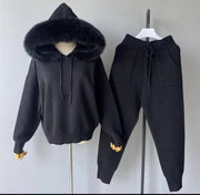 Fox Fur Hoodie, Knitted Wool Jogging Suit