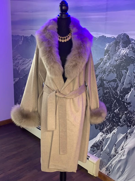 Long Cashmere Gray Coat with Fox Fur Collar and Cuffs