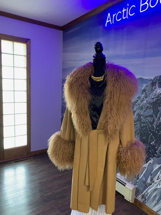 Long Cashmere Coat with Mongolian Sheep Fur Collar & Cuff
