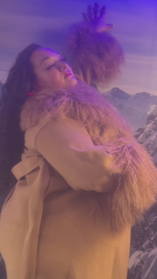 Long Cashmere Coat with Mongolian Sheep Fur Collar & Cuff